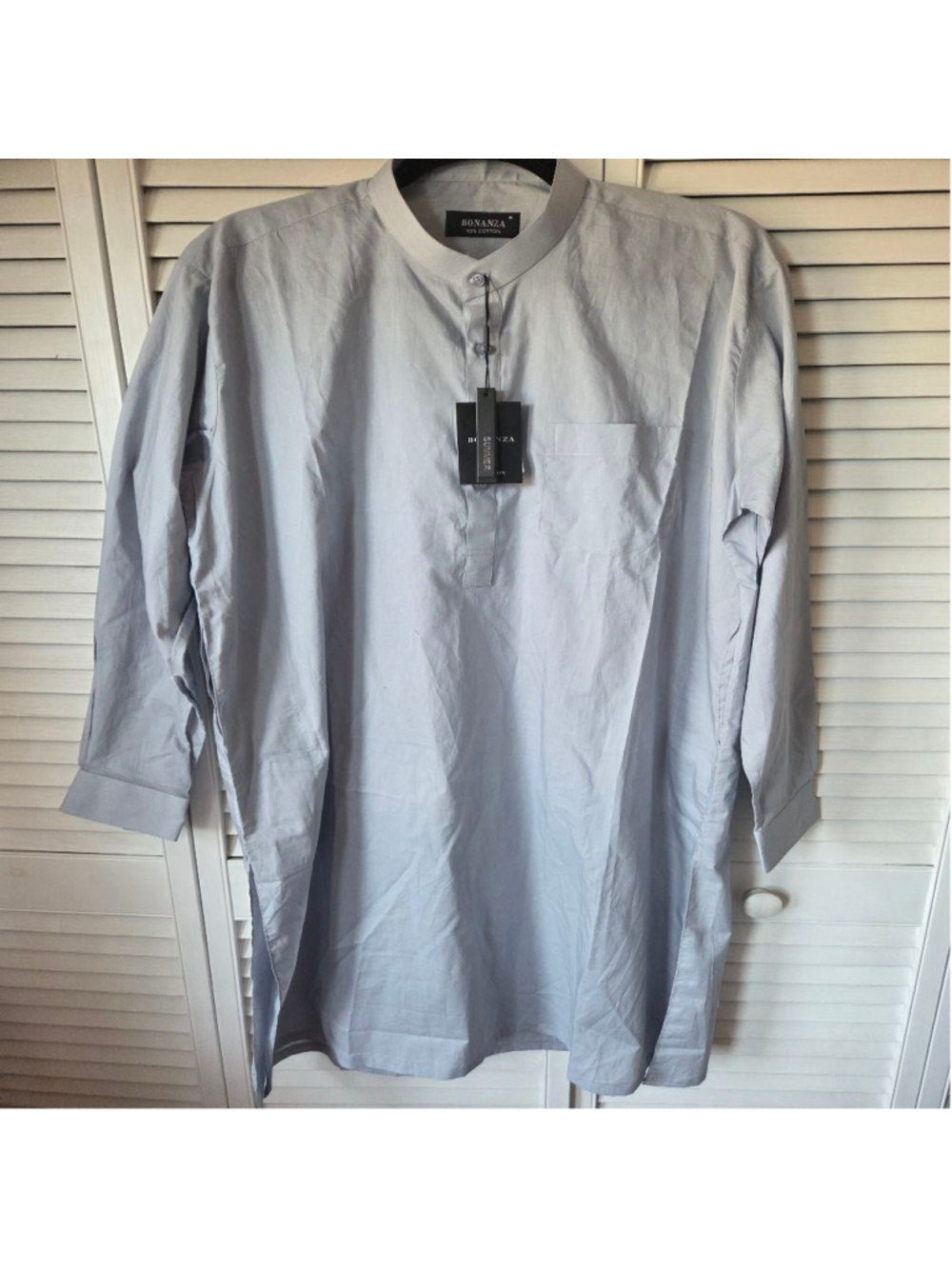 Men's BONANZA Light Blue Cotton Kurta Band Collar Long Sleeve M
